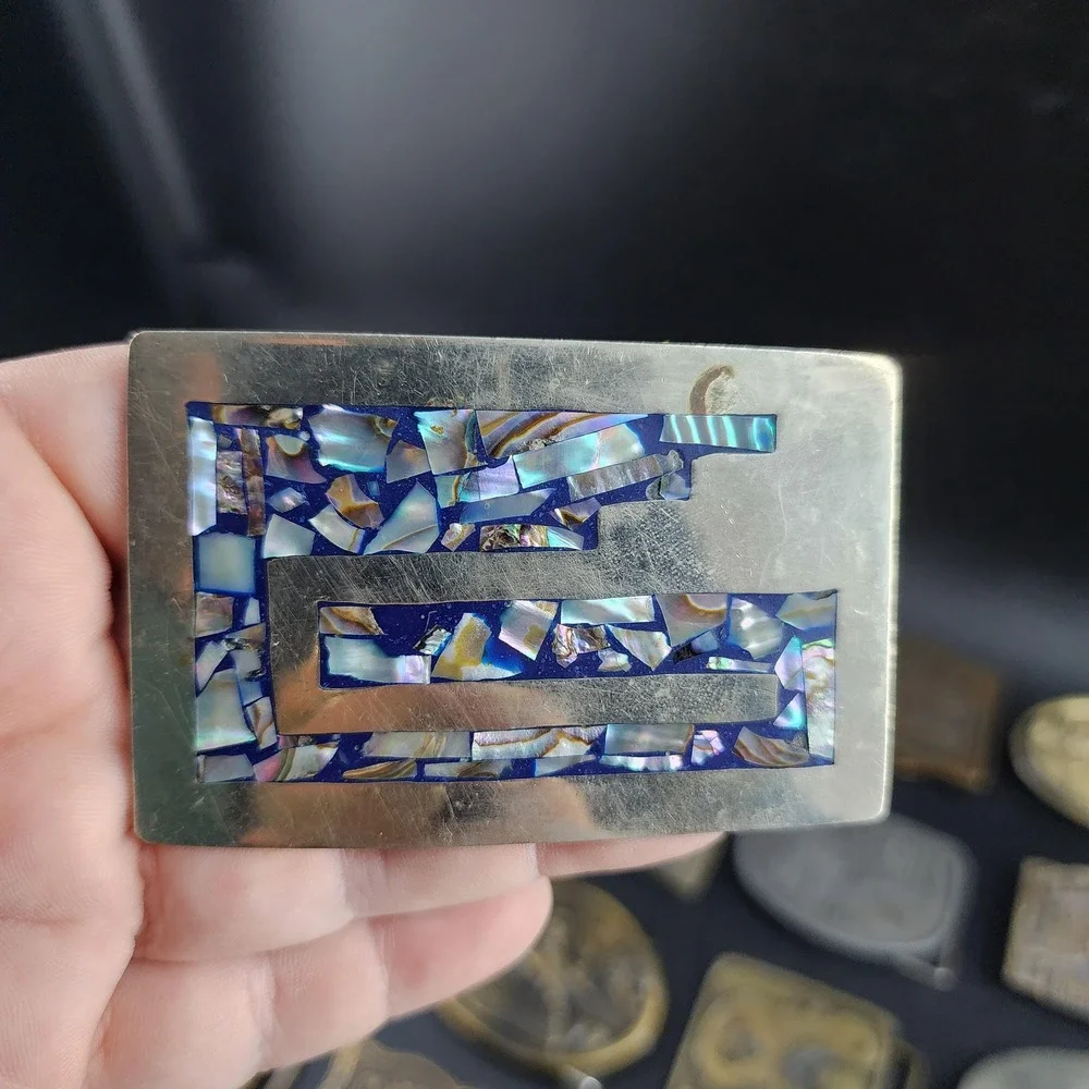 Vintage Mexico Alpaca Silver Abalone Inlay Mosaic Belt Buckle Handmade